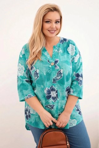 Bluzka damska bawełniana Plus Size w kwiatowy wzór morska