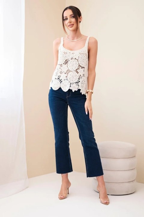 Bluzka damska bawełniana ażurowa z szerokimi ramiączkami beżowa