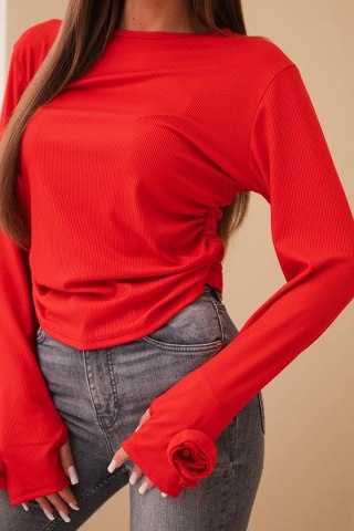 Bluzka damska prążkowana z marszczeniem z boku czerwona