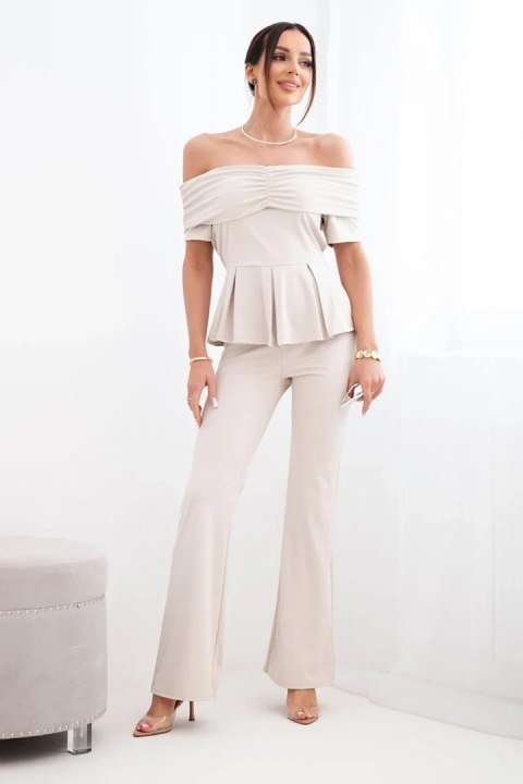 Komplet damska hiszpanka z falbaną i szerokimi spodniami beżowy