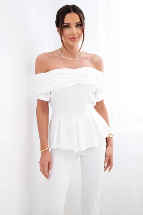 Komplet damska hiszpanka z falbaną i szerokimi spodniami biały