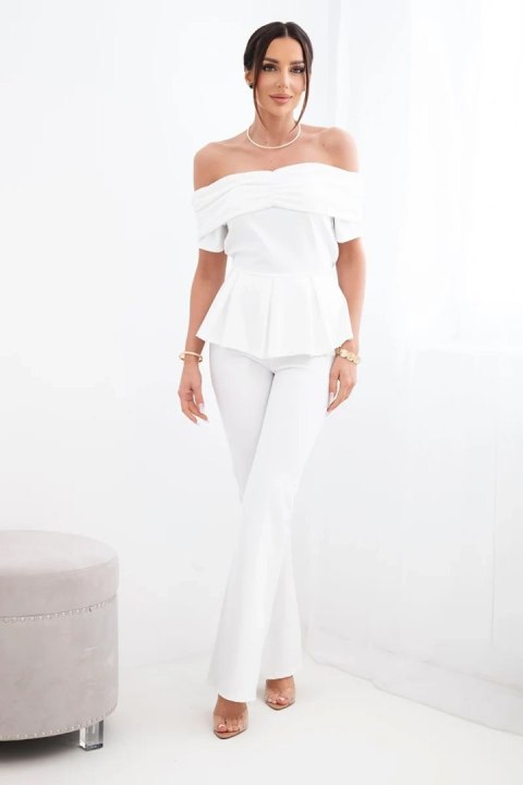 Komplet damska hiszpanka z falbaną i szerokimi spodniami biały