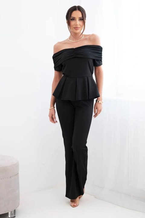 Komplet damska hiszpanka z falbaną i szerokimi spodniami czarny