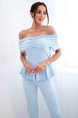 Komplet damska hiszpanka z falbaną i szerokimi spodniami niebieski