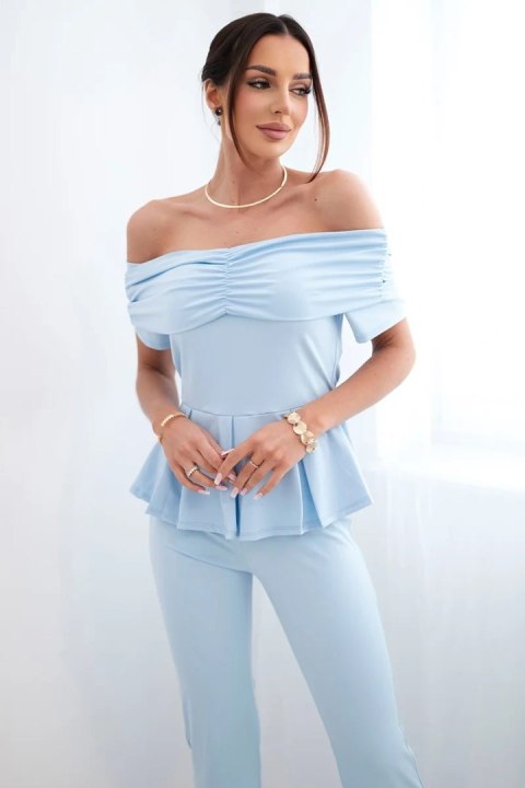 Komplet damska hiszpanka z falbaną i szerokimi spodniami niebieski