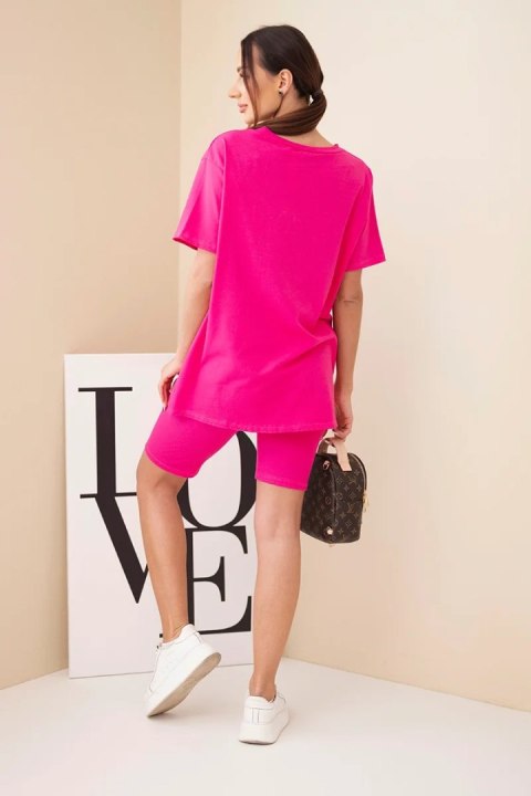 Komplet damski bawełniany z krótkim rękawem i dopasowanymi spodenkami fuksja