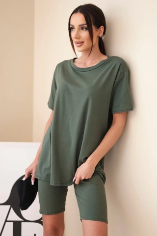 Komplet damski bawełniany z krótkim rękawem i dopasowanymi spodenkami khaki