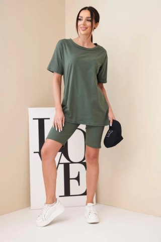 Komplet damski bawełniany z krótkim rękawem i dopasowanymi spodenkami khaki