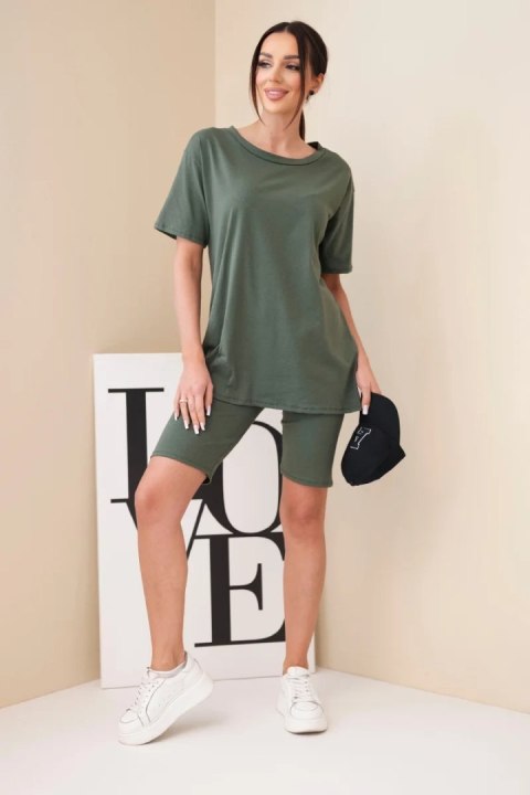 Komplet damski bawełniany z krótkim rękawem i dopasowanymi spodenkami khaki