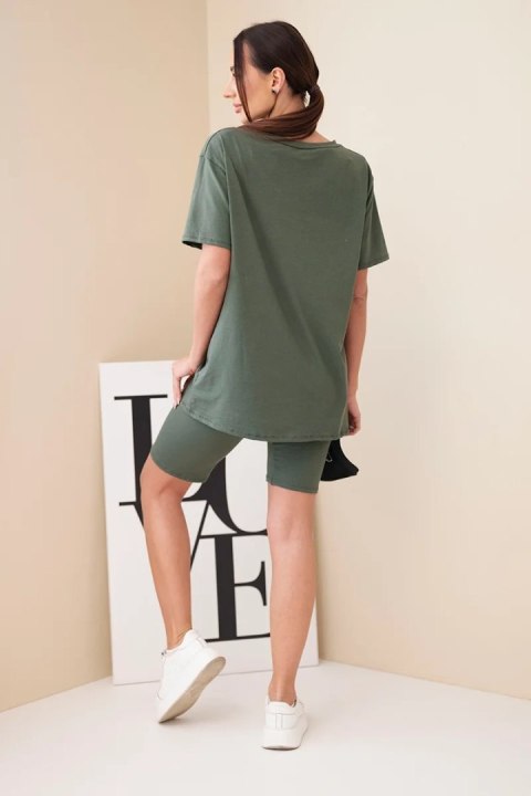 Komplet damski bawełniany z krótkim rękawem i dopasowanymi spodenkami khaki