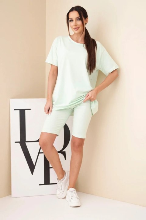 Komplet damski bawełniany z krótkim rękawem i dopasowanymi spodenkami miętowy