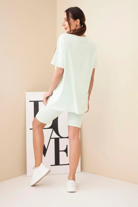 Komplet damski bawełniany z krótkim rękawem i dopasowanymi spodenkami miętowy