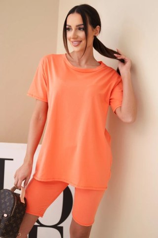 Komplet damski bawełniany z krótkim rękawem i dopasowanymi spodenkami morelowy