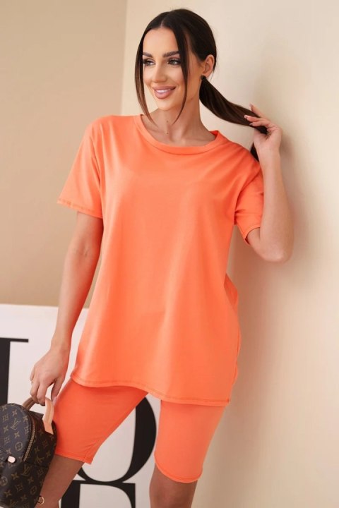 Komplet damski bawełniany z krótkim rękawem i dopasowanymi spodenkami morelowy