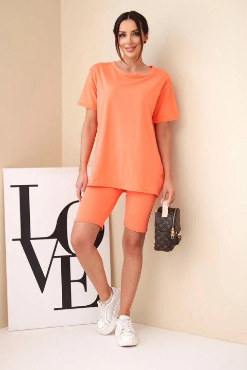 Komplet damski bawełniany z krótkim rękawem i dopasowanymi spodenkami morelowy