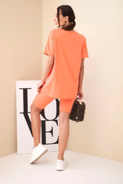 Komplet damski bawełniany z krótkim rękawem i dopasowanymi spodenkami morelowy