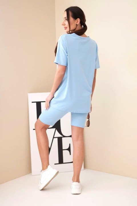 Komplet damski bawełniany z krótkim rękawem i dopasowanymi spodenkami niebieski