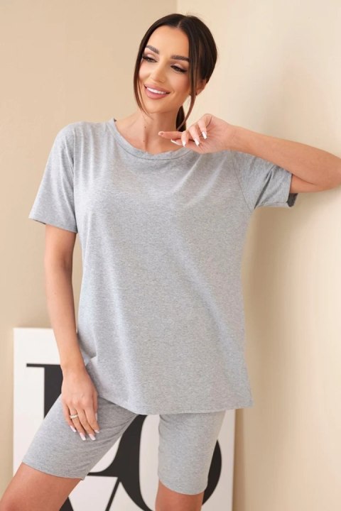 Komplet damski bawełniany z krótkim rękawem i dopasowanymi spodenkami szary melanż