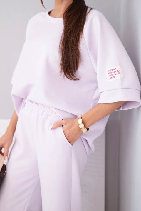 Komplet damski masełkowy z wiskozy bluza i szerokie spodnie jasny fioletowy