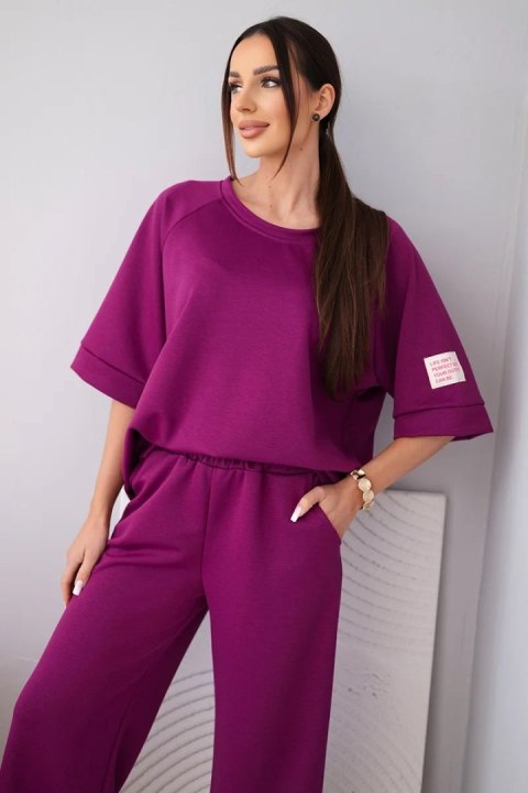 Komplet damski masełkowy z wiskozy bluza i szerokie spodnie śliwkowy