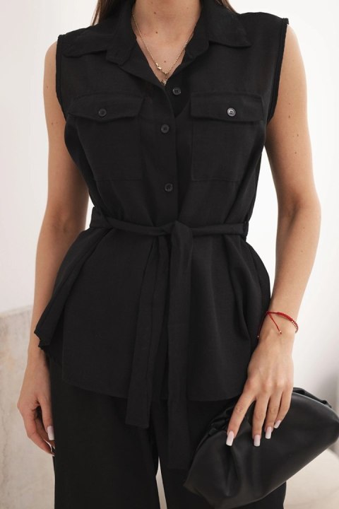 Komplet damski z wiązaną bluzką i szerokimi spodniami czarny