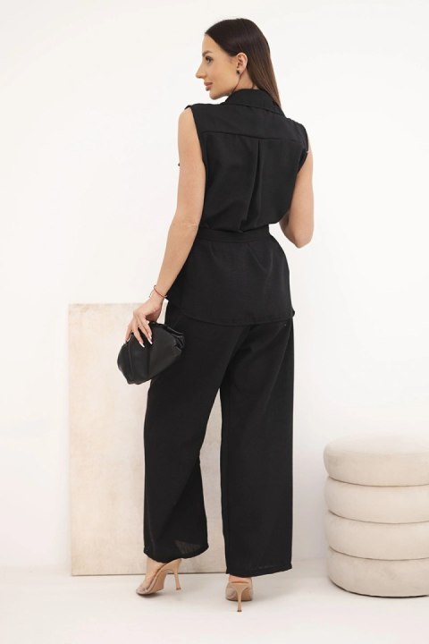 Komplet damski z wiązaną bluzką i szerokimi spodniami czarny