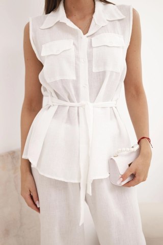 Komplet damski z wiązaną bluzką i szerokimi spodniami ecru