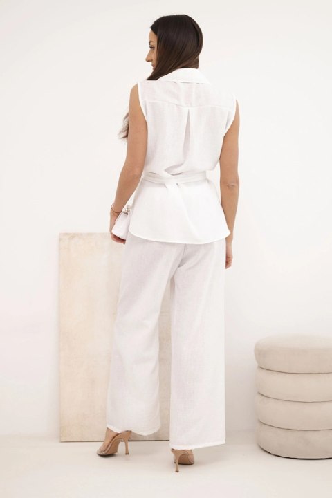 Komplet damski z wiązaną bluzką i szerokimi spodniami ecru