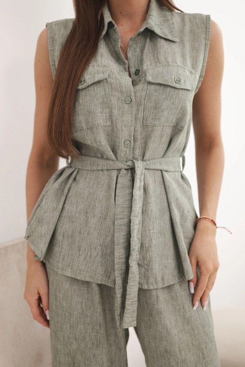 Komplet damski z wiązaną bluzką i szerokimi spodniami khaki