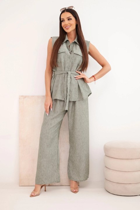 Komplet damski z wiązaną bluzką i szerokimi spodniami khaki