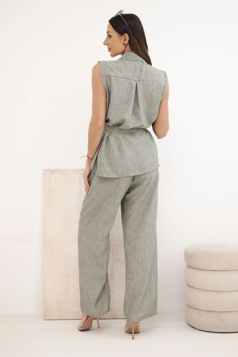 Komplet damski z wiązaną bluzką i szerokimi spodniami khaki