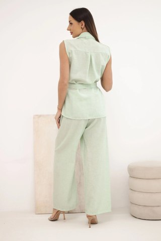 Komplet damski z wiązaną bluzką i szerokimi spodniami miętowy