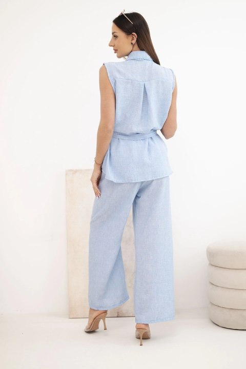Komplet damski z wiązaną bluzką i szerokimi spodniami niebieski