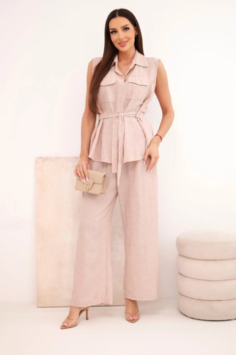 Komplet damski z wiązaną bluzką i szerokimi spodniami pudrowy róż