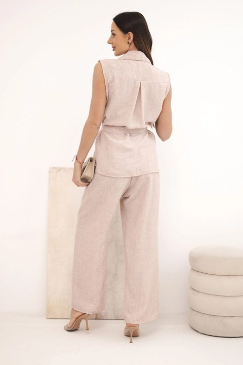 Komplet damski z wiązaną bluzką i szerokimi spodniami pudrowy róż