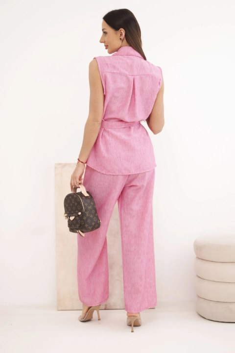 Komplet damski z wiązaną bluzką i szerokimi spodniami różowy