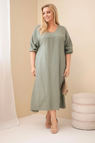 Sukienka damska Plus Size bawełniana muślinowa z dekoltem V khaki
