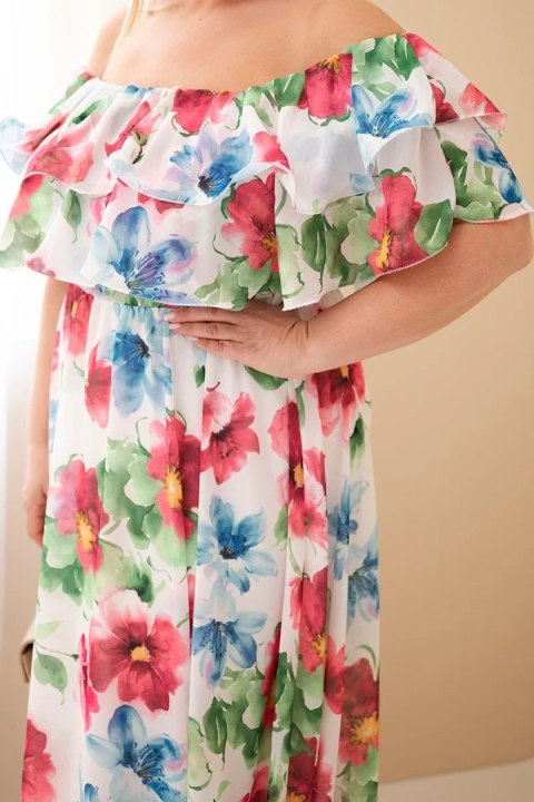 Sukienka damska wiskozowa Plus Size z falbaną hiszpanka i elastyczną talią maxi fuksja