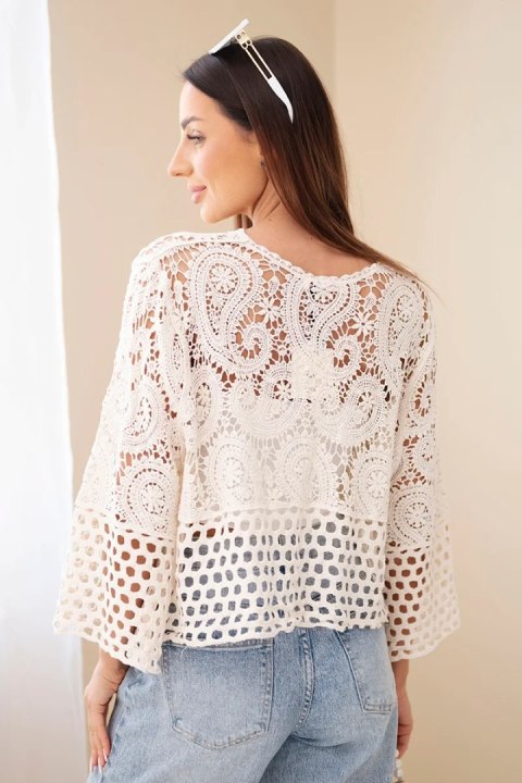 Sweter damski ażurowy bawełniany z długim rękawem beżowy