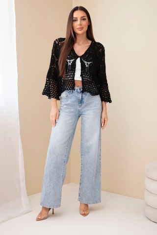 Sweter damski ażurowy bawełniany z długim rękawem czarny