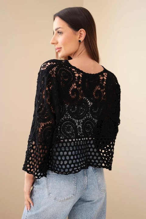 Sweter damski ażurowy bawełniany z długim rękawem czarny