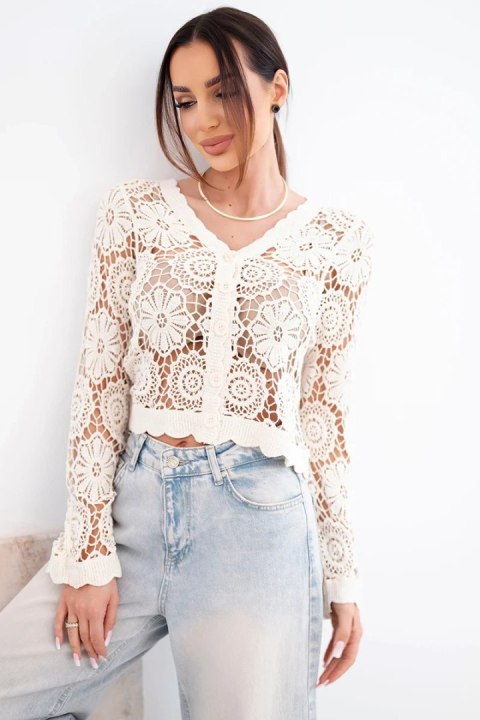 Sweter damski ażurowy letni z guzikami i długim rękawem beżowy