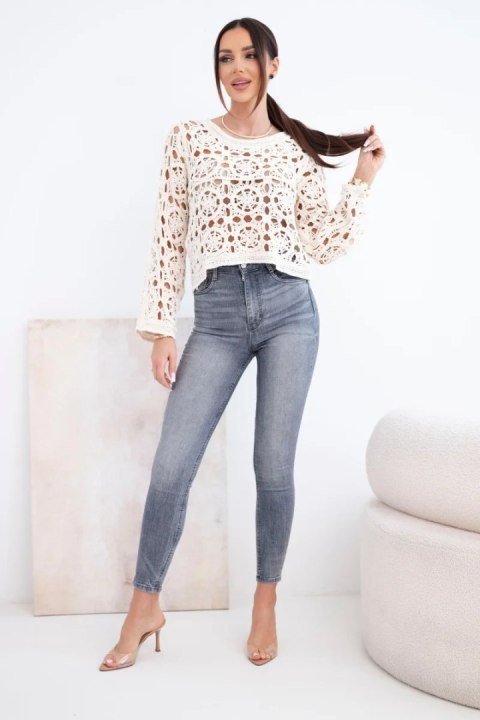 Sweter damski bawełniany ażurowy z ozdobnym splotem beżowy