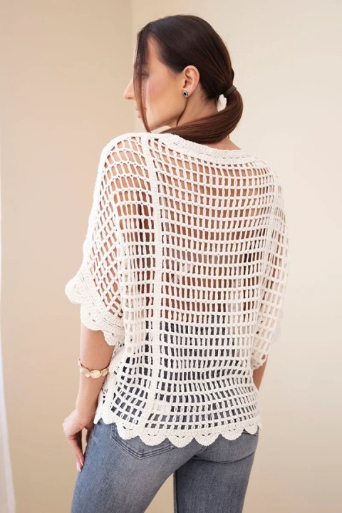 Sweter damski oversize bawełniany ażurowy z krótkim rękawem beżowy