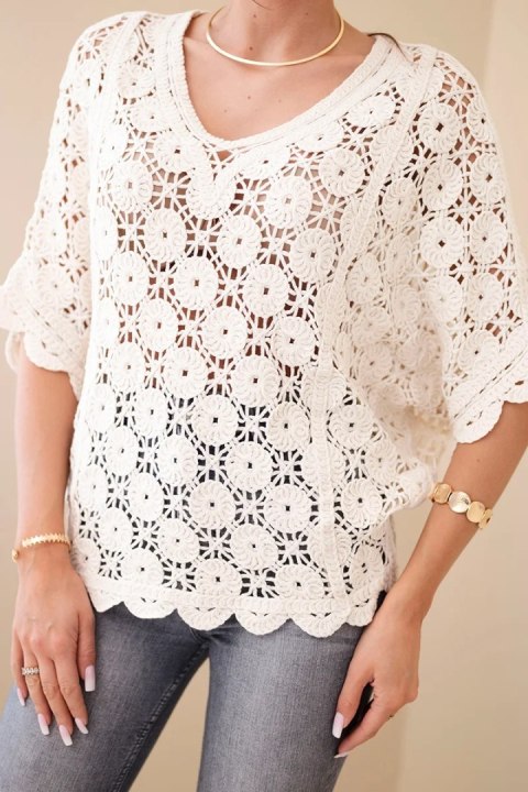 Sweter damski oversize bawełniany ażurowy z krótkim rękawem beżowy