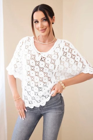 Sweter damski oversize bawełniany ażurowy z krótkim rękawem biały