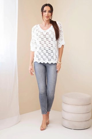 Sweter damski oversize bawełniany ażurowy z krótkim rękawem biały