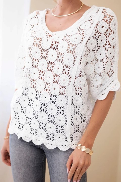 Sweter damski oversize bawełniany ażurowy z krótkim rękawem biały