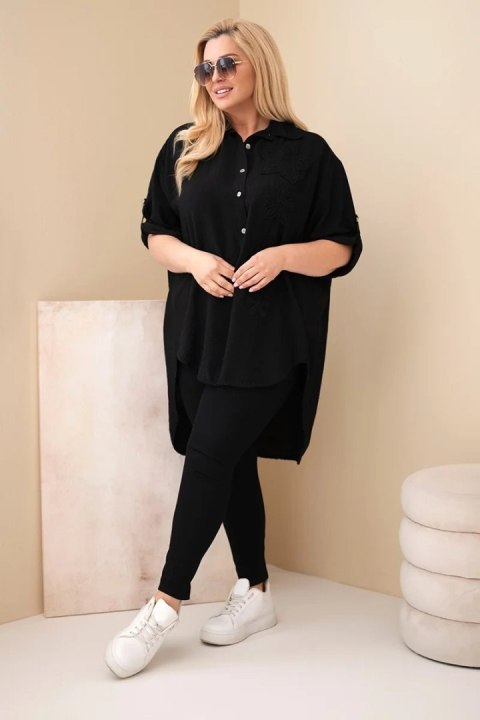 Koszula damska Plus Size z wiskozy z haftem kwiatowym czarna