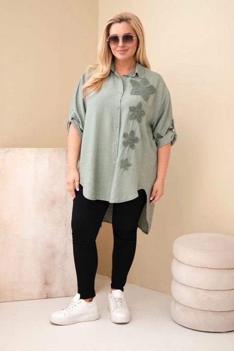 Koszula damska Plus Size z wiskozy z haftem kwiatowym khaki